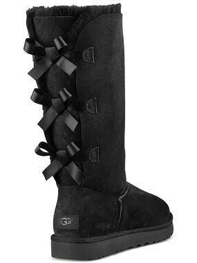Like New Ugg Women's Bailey Bow Tall II Boots Suede Sheepskin Wool Black 8